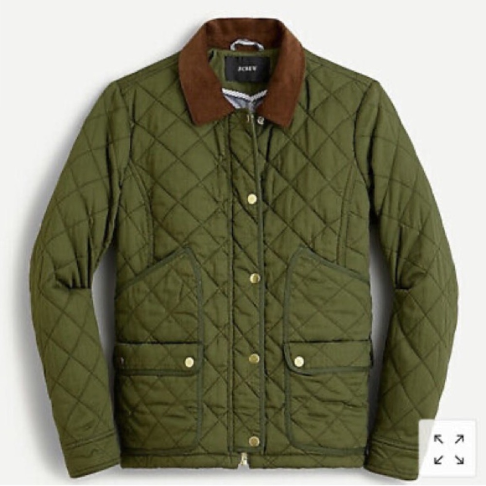 J.Crew Olive Quilted Barn Jacket with Brown Corduroy Collar - Size Small